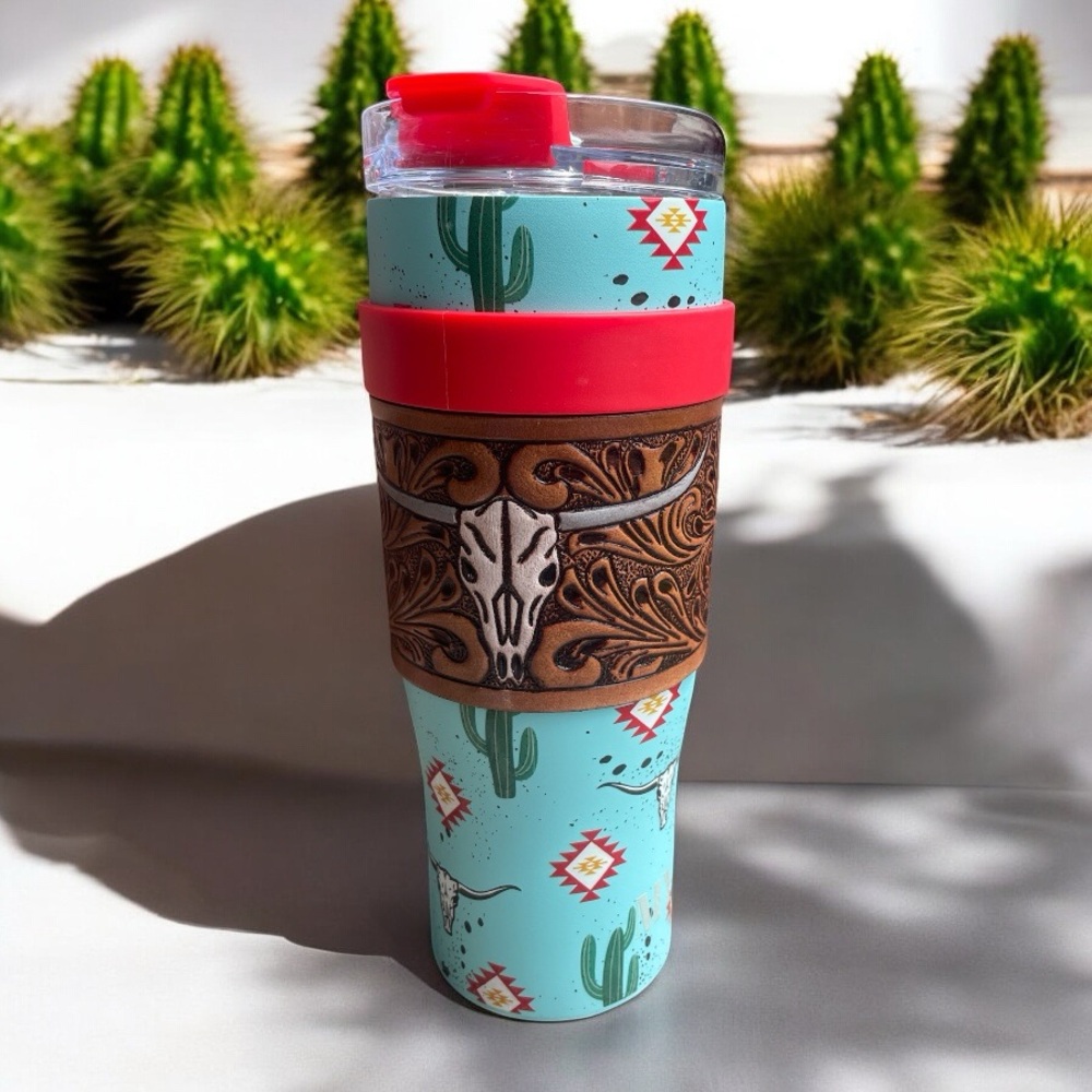 NWT Myra Western Travel Mug with Red Lid and Handle Hand Tooled Leather Wrap - Picture 2 of 5